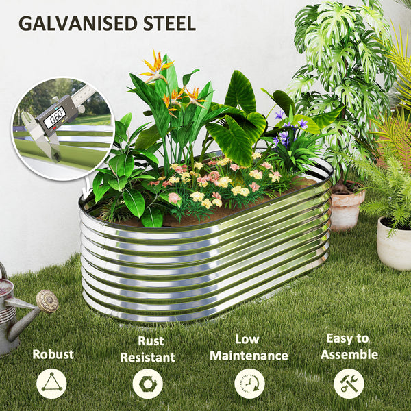 Jardinière ovale surélevée galvanisée avec bordure de sécurité et gants inclus, couleur argent.