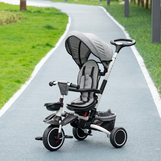 Tricycle 6 en 1 pour tout-petits de 12 à 50 mois, pliable, avec siège réglable, harnais de sécurité, auvent amovible, repose-pieds, gris