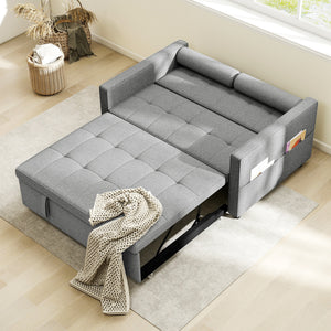 Futon two-seater trundle sofa bed in linen with USB ports, grey