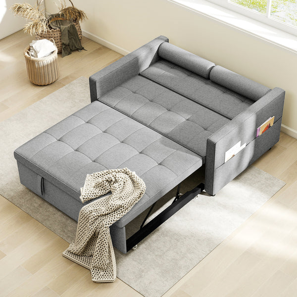 Futon two-seater trundle sofa bed in linen with USB ports, grey