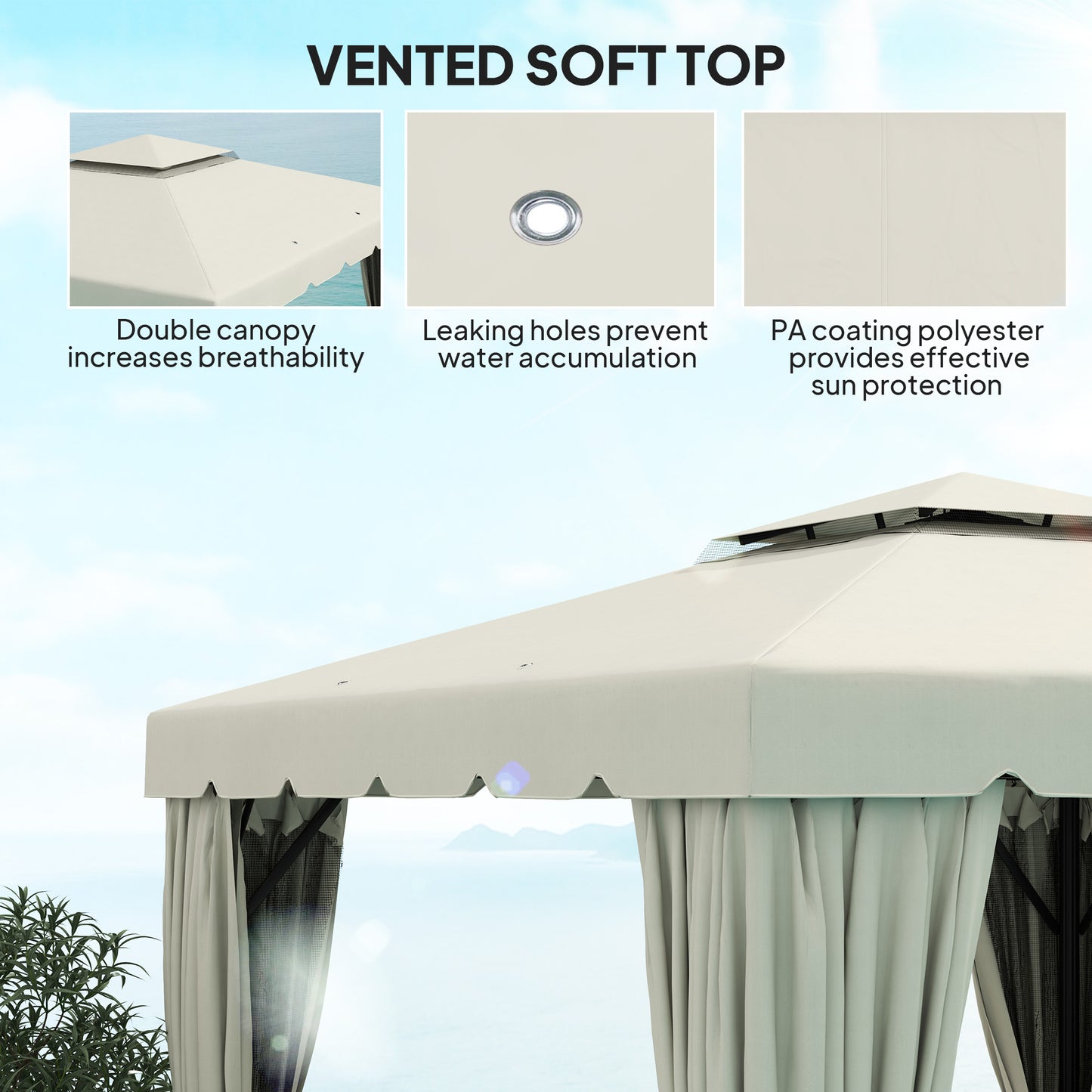 Gazebo 10' x 10' d'extérieur double toit souple avec rideaux et moustiquaires, blanc crème