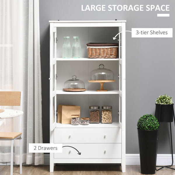 Meuble de rangement avec étagères à 3 niveaux, 2 tiroirs et portes vitrées, blanc