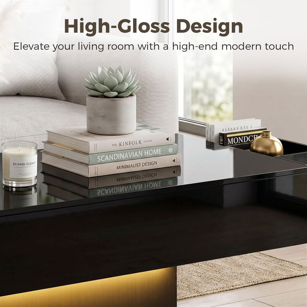 LED Coffee Table with Storage, High Gloss Modern Centre Table with 2 Drawers and Remote Control for Living Room, Black