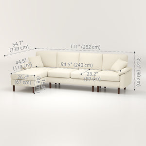 Modern L-shaped sectional sofa with removable chaise, cushions and wooden legs for living room, cream white