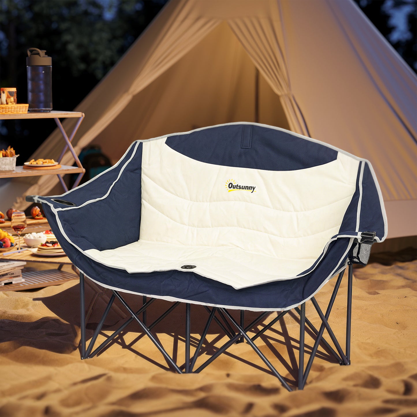 Outsunny Portable Camping Chair, Double Camping Chair with Cup Holders and Carry Bag, Load Capacity: 250kg, Navy Blue