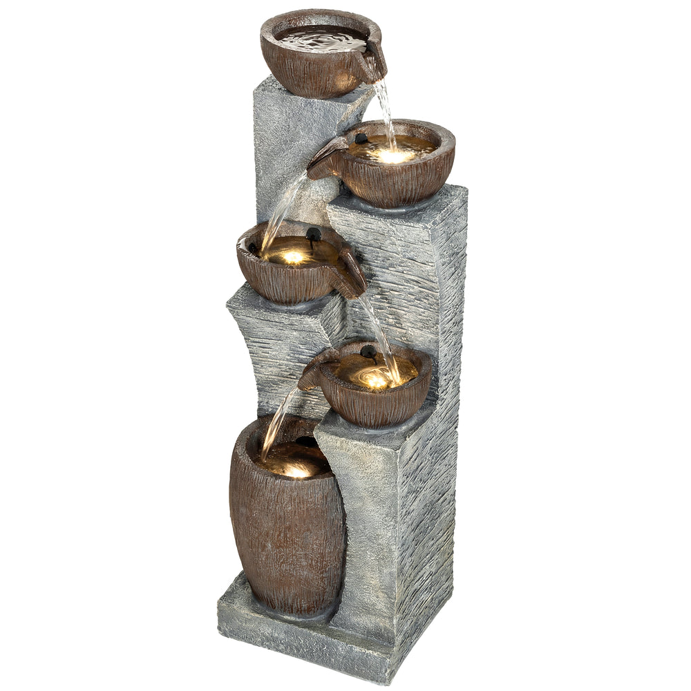 Outdoor cascading stone fountain, 5 tiers, LED lighting, adjustable flow, rustic gray and brown