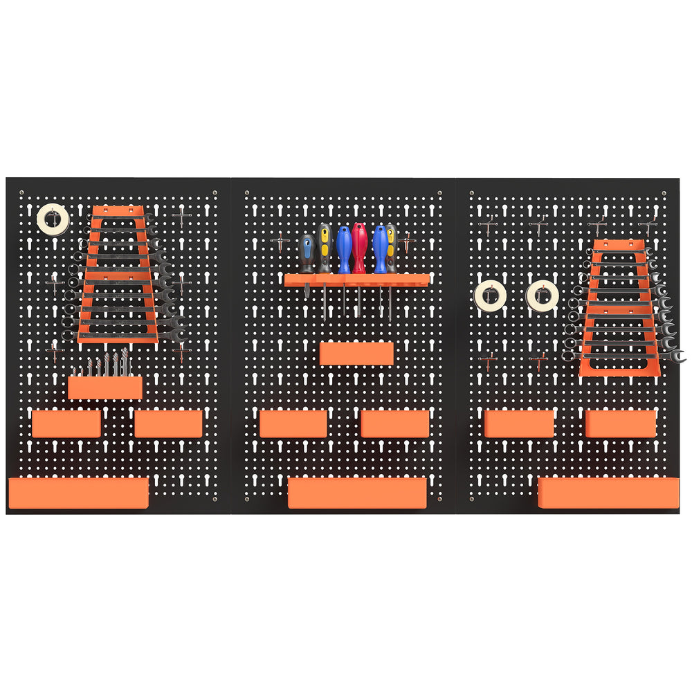 Organisateur mural d’outils avec 3 panneaux, 9 bacs, 5 supports et 16 crochets – Noir et orange