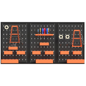 Organisateur mural d’outils avec 3 panneaux, 9 bacs, 5 supports et 16 crochets – Noir et orange
