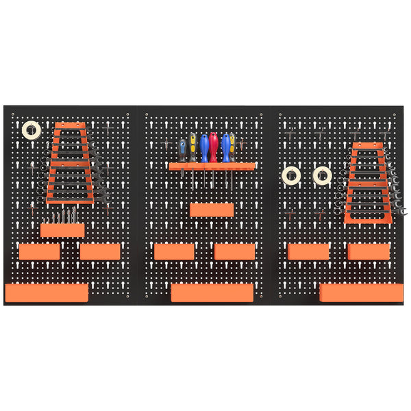 Organisateur mural d’outils avec 3 panneaux, 9 bacs, 5 supports et 16 crochets – Noir et orange