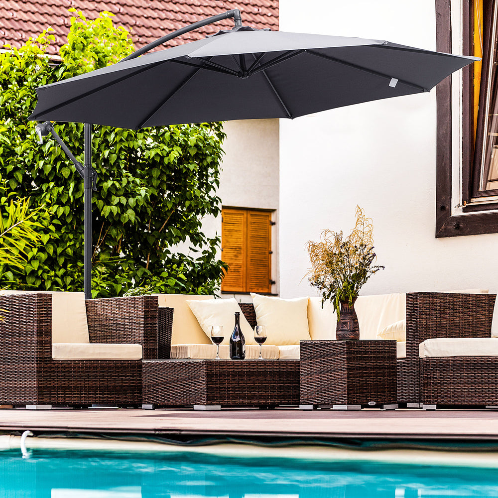 Parasol déporté de 3 m avec base, parasol suspendu à bras articulé, gris