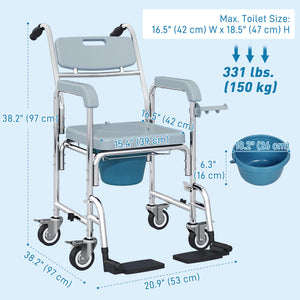 Chaise d'aisance et de douche multifonctionnelle 4-en-1 avec roulettes et repose-pieds – Gris et argent