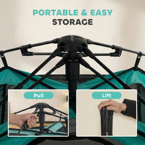 3-tier portable pet tent, indoor/outdoor use, multiple doors, carry bag, and breathable mesh.