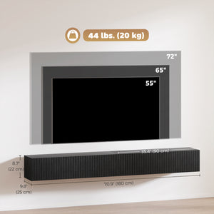 Floating wall-mounted TV unit for TVs up to 72 inches with 2 fluted drop-down doors, black