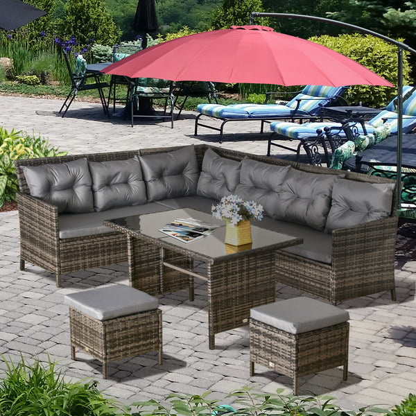 6pcs Outdoor Rattan Sofa Set Garden Wicker Sectional Couch Furniture Set with Dining Table and Chair Dark Grey