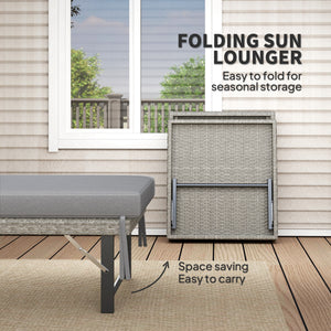 Folding Outdoor Lounge Chair, Wicker Chaise Lounge Tanning Chair with Cushion for Beach, Poolside, Garden, Grey
