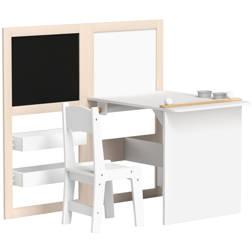 3-in-1 Kids Table and Chair Set with Folding Easel, Storage Shelves and Paper Roll, White