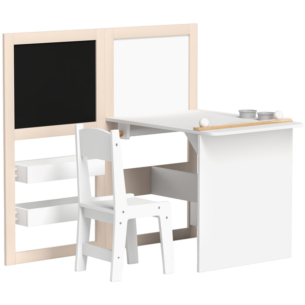 3-in-1 Kids Table and Chair Set with Folding Easel, Storage Shelves and Paper Roll, White