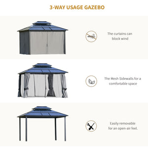 Gazebo 10 x 12 avec toit rigide en aluminium, double pente, rideaux et parois latérales en filet, noir et gris