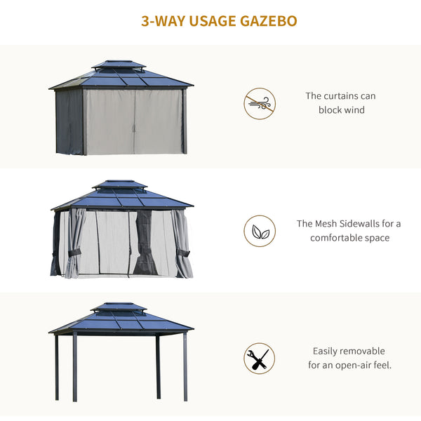 Gazebo 10 x 12 avec toit rigide en aluminium, double pente, rideaux et parois latérales en filet, noir et gris