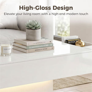 Table basse LED avec rangement, laquée brillante avec 2 tiroirs et télécommande pour salon, blanche