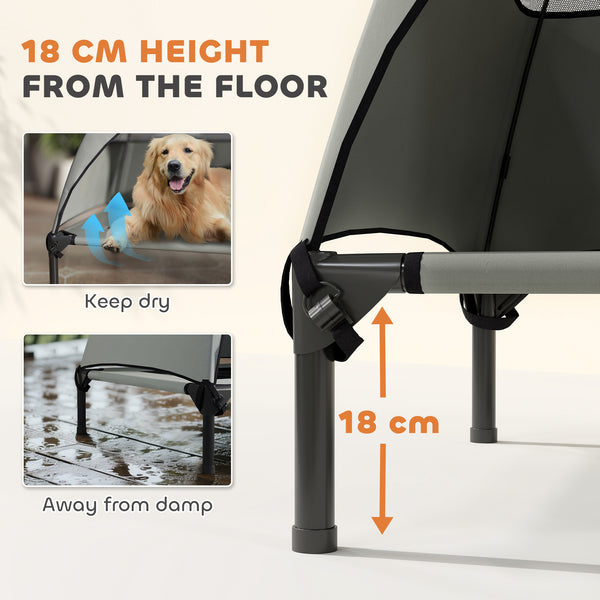 Elevated bed with canopy, steel frame and washable mesh, light gray