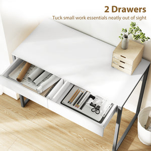Bureau d'ordinateur brillant avec 2 tiroirs, pour petits espaces, blanc et gris