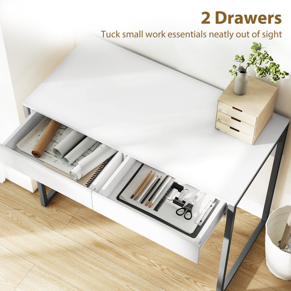 Bureau d'ordinateur brillant avec 2 tiroirs, pour petits espaces, blanc et gris