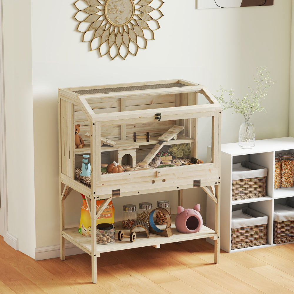 2-tier wooden hamster cage with storage and accessories