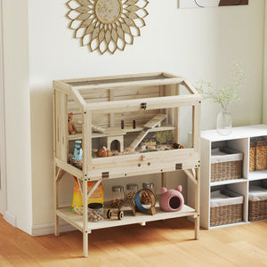 Cage pour hamster en bois à 2 niveaux avec rangement et accessoires