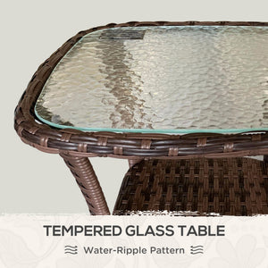Outdoor Coffee Table with Storage Shelf, Hand-Woven Wicker Side Table with Water-Ripple Glass Top, Mix Brown