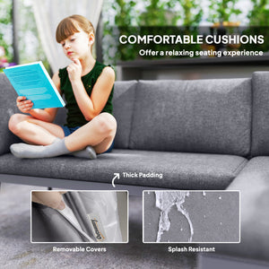 Ensemble de mobilier de jardin 3 pièces en résine tressée en forme de L avec coussins, gris