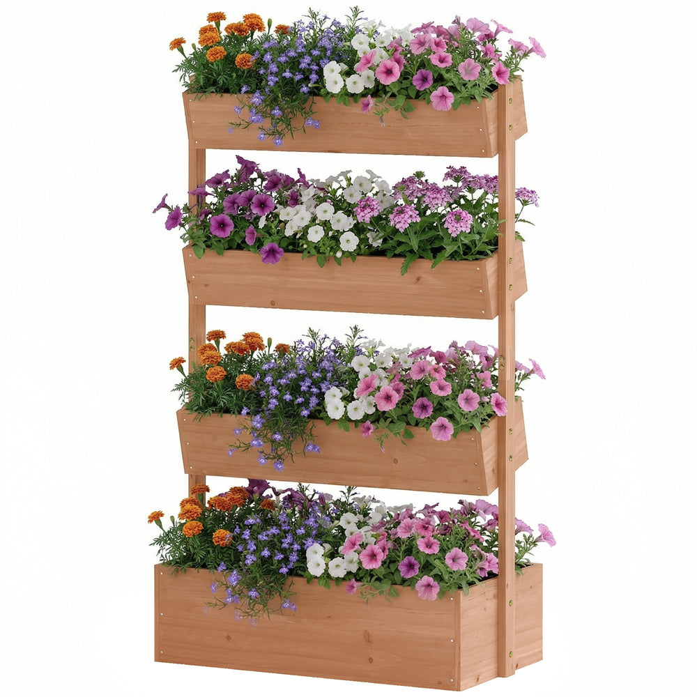Jardinière surélevée à 4 niveaux vertical en bois pour extérieur avec trous de drainage et doublure en tissu