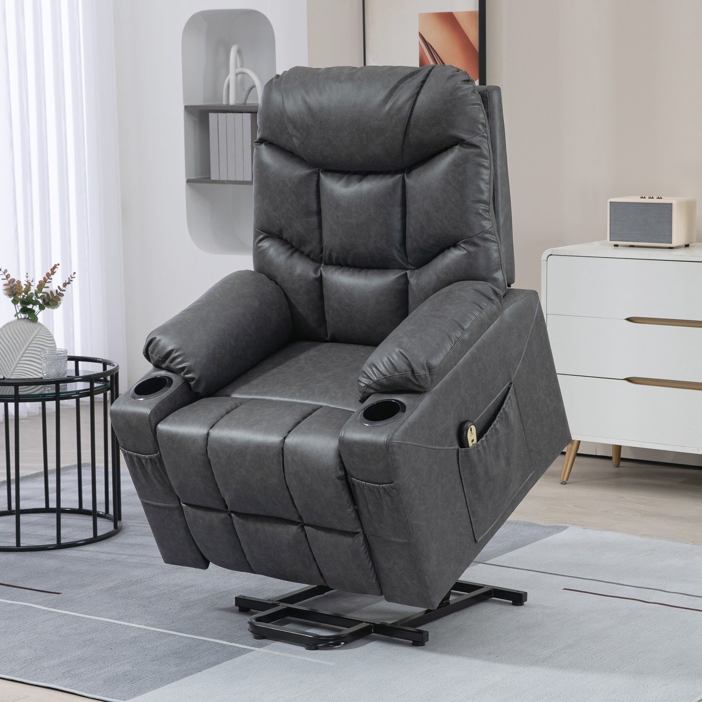 Fauteuil releveur inclinable électrique en cuir avec montage rapide, télécommande, porte-gobelets, poches latérales, gris