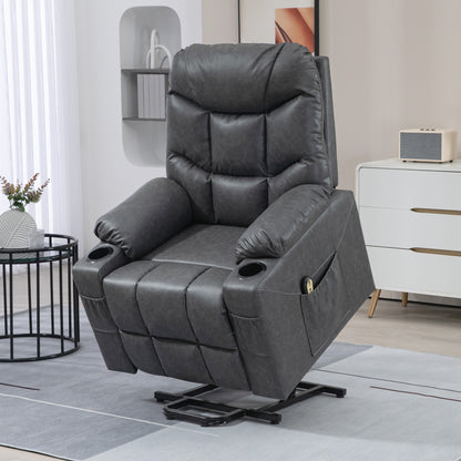 Fauteuil releveur inclinable électrique en cuir avec montage rapide, télécommande, porte-gobelets, poches latérales, gris
