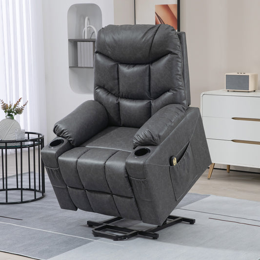 Fauteuil releveur inclinable électrique en cuir avec montage rapide, télécommande, porte-gobelets, poches latérales, gris