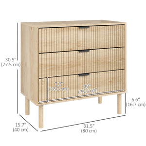Commode de chambre 3 tiroirs avec panneaux cannelés et pieds en bois massif, chêne