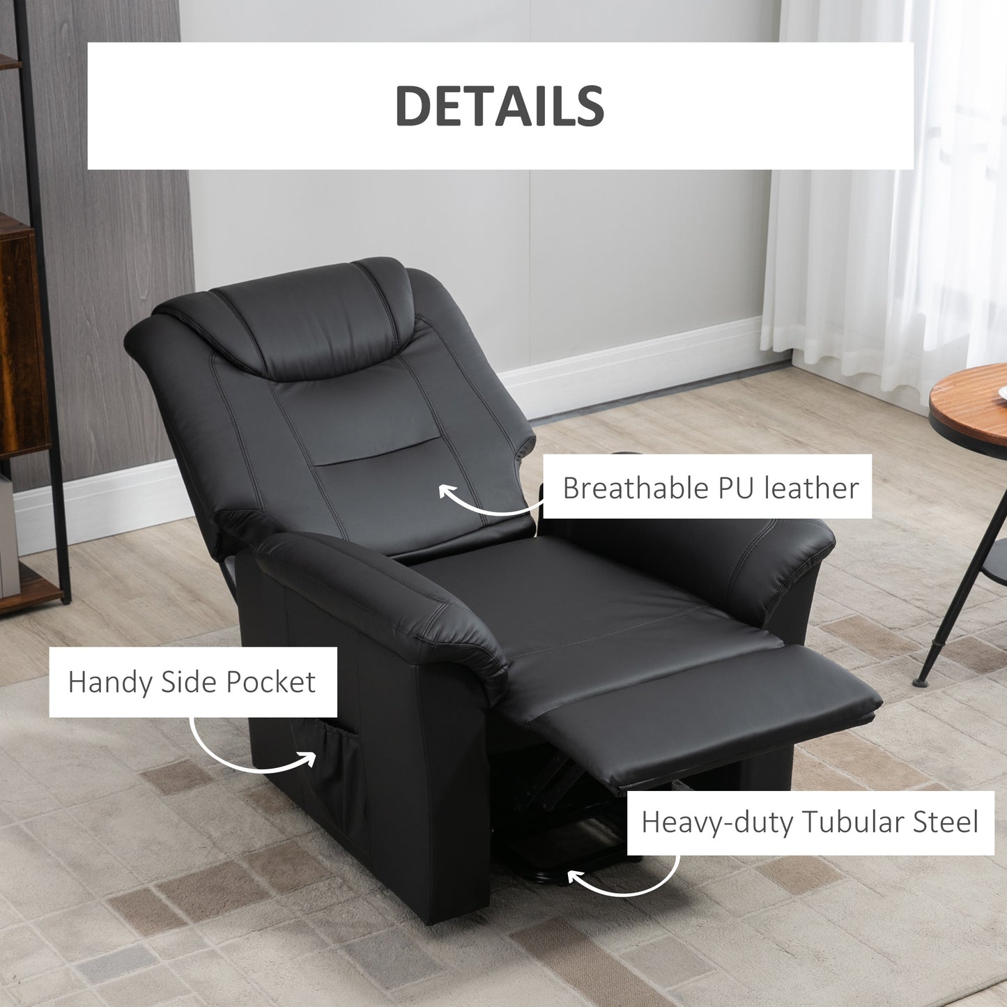 Fauteuil releveur électrique inclinable en cuir synthétique avec repose-pieds et télécommande, poches latérales, noir