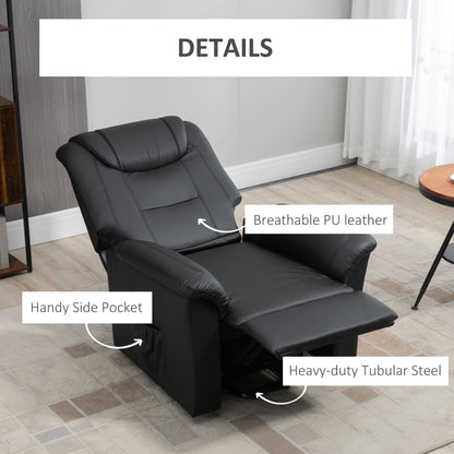 Fauteuil releveur électrique inclinable en cuir synthétique avec repose-pieds et télécommande, poches latérales, noir