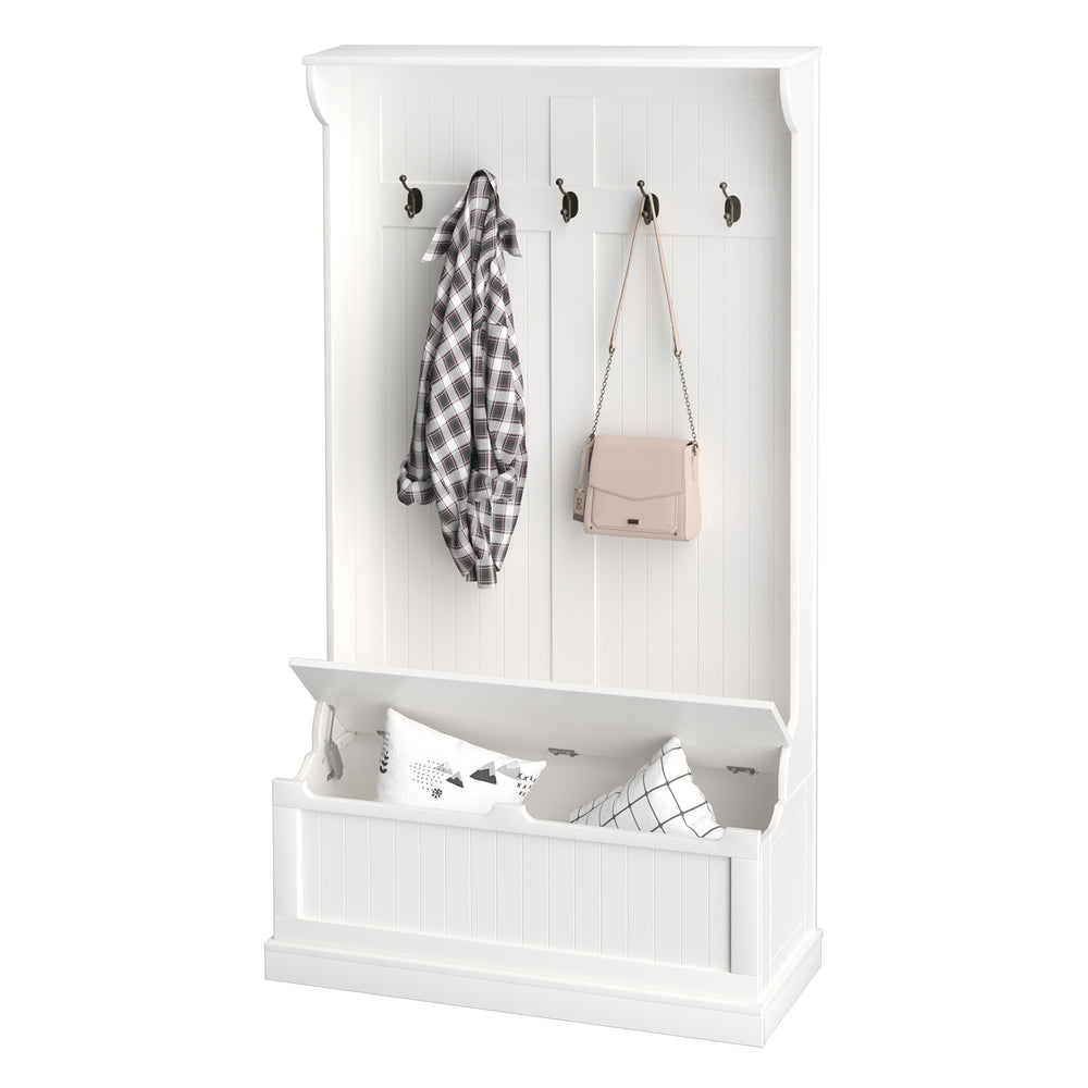 Vestiaire d’entrée 3 en 1 avec banc de rangement et 5 crochets doubles – Blanc crème