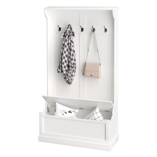 Vestiaire d’entrée 3 en 1 avec banc de rangement et 5 crochets doubles – Blanc crème