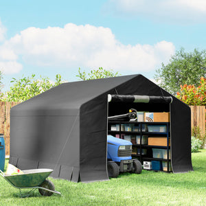Portable waterproof garden shed with roll-up zip door and reinforced galvanized metal frame, dark grey