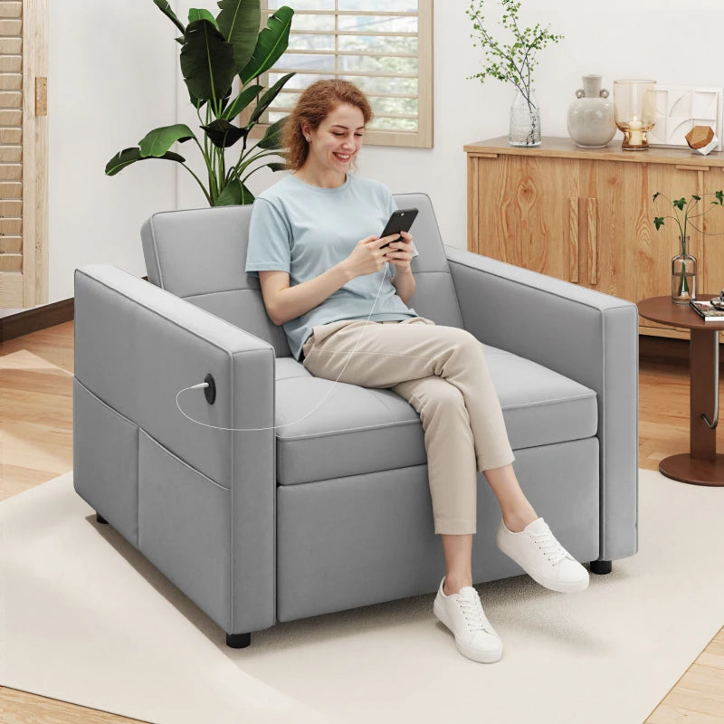 Fauteuil convertible en lit avec port USB, dossier réglable, en velours, gris