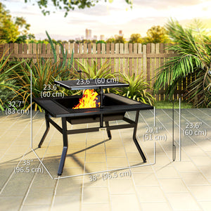 Square Outdoor Fire Pit Firepit with Adjustable Grill Grate, Wood Fire Pit with Adjustable Foot Pads, Outer Ledge, Poker for Backyard Bonfire Picnic, Black