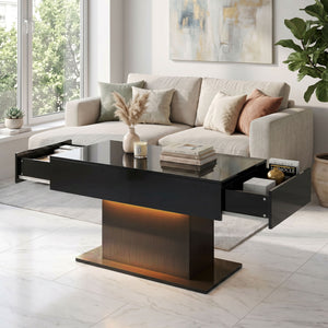 LED Coffee Table with Storage, High Gloss Modern Centre Table with 2 Drawers and Remote Control for Living Room, Black