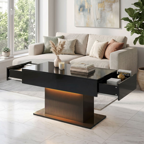 LED Coffee Table with Storage, High Gloss Modern Centre Table with 2 Drawers and Remote Control for Living Room, Black