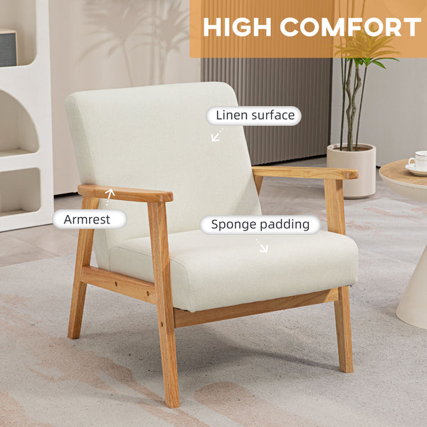 Fauteuil d'appoint rétro en tissu avec accoudoirs en bois, blanc crème