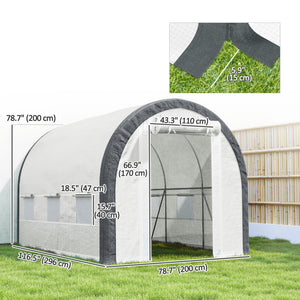 Tunnel greenhouse with mesh door and windows, white