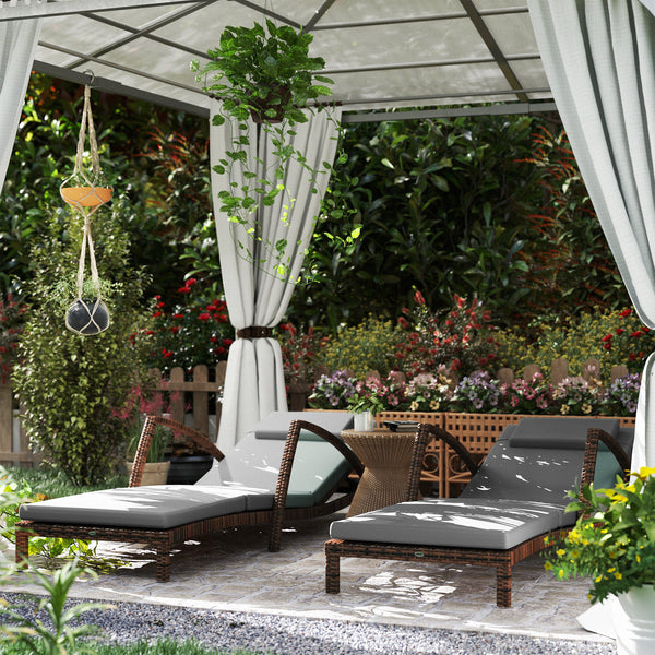 Lot de 2 chaises longues d'extérieur en osier avec dossier réglable sur 5 niveaux, roulettes, coussin et accoudoirs, gris