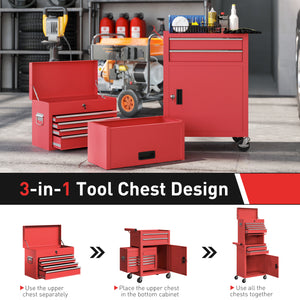3-in-1 rolling tool chest, 6 drawers and perforated panel, red.