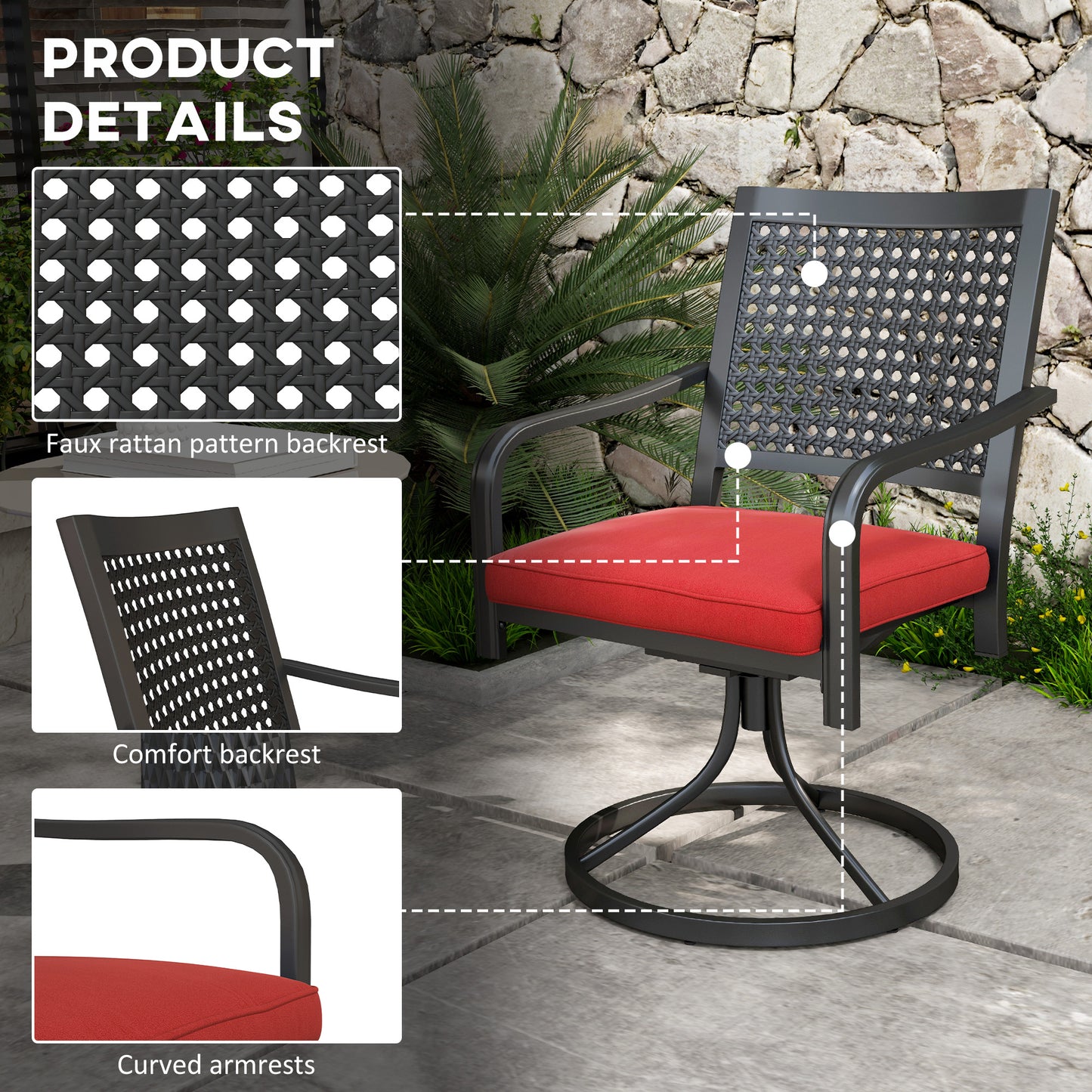 Ensemble de chaises pivotantes avec coussin avec accoudoirs incurvés, rouge